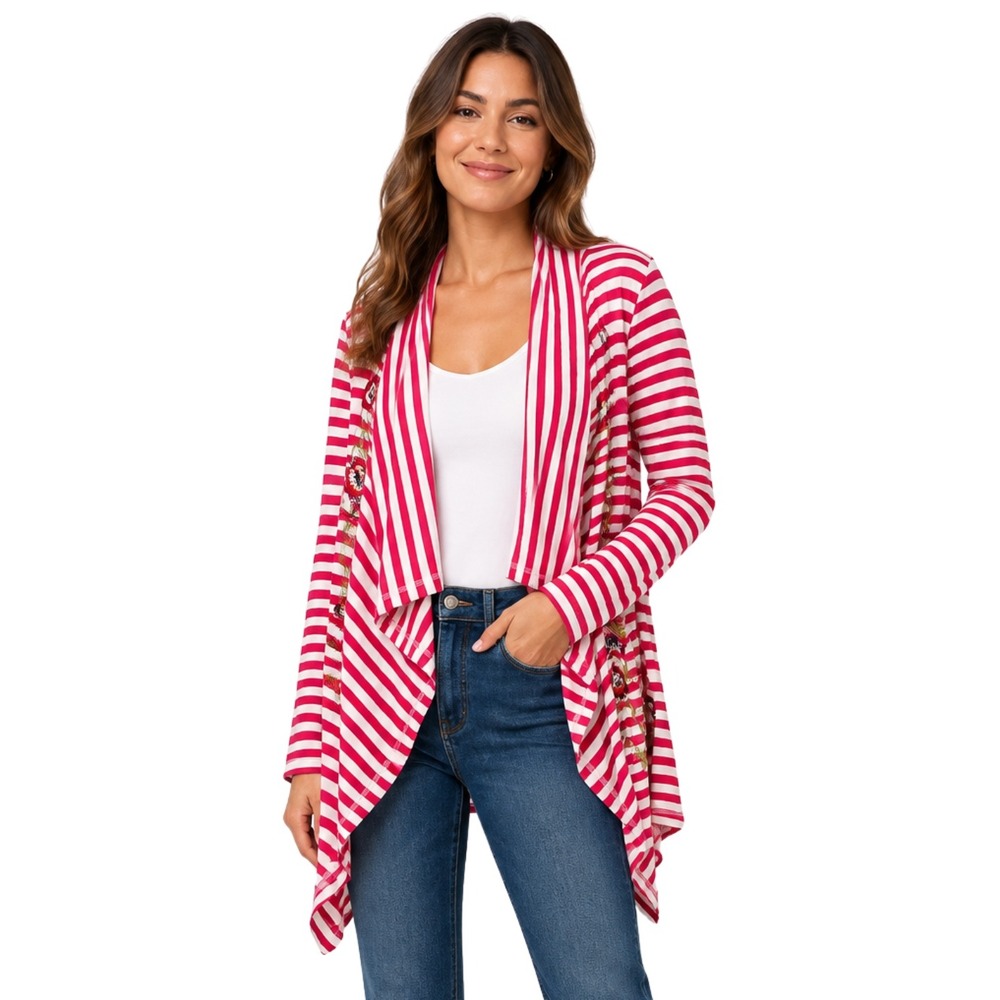 Soft Surroundings Cardigan Womens Large Pink White Striped Floral Embroidered